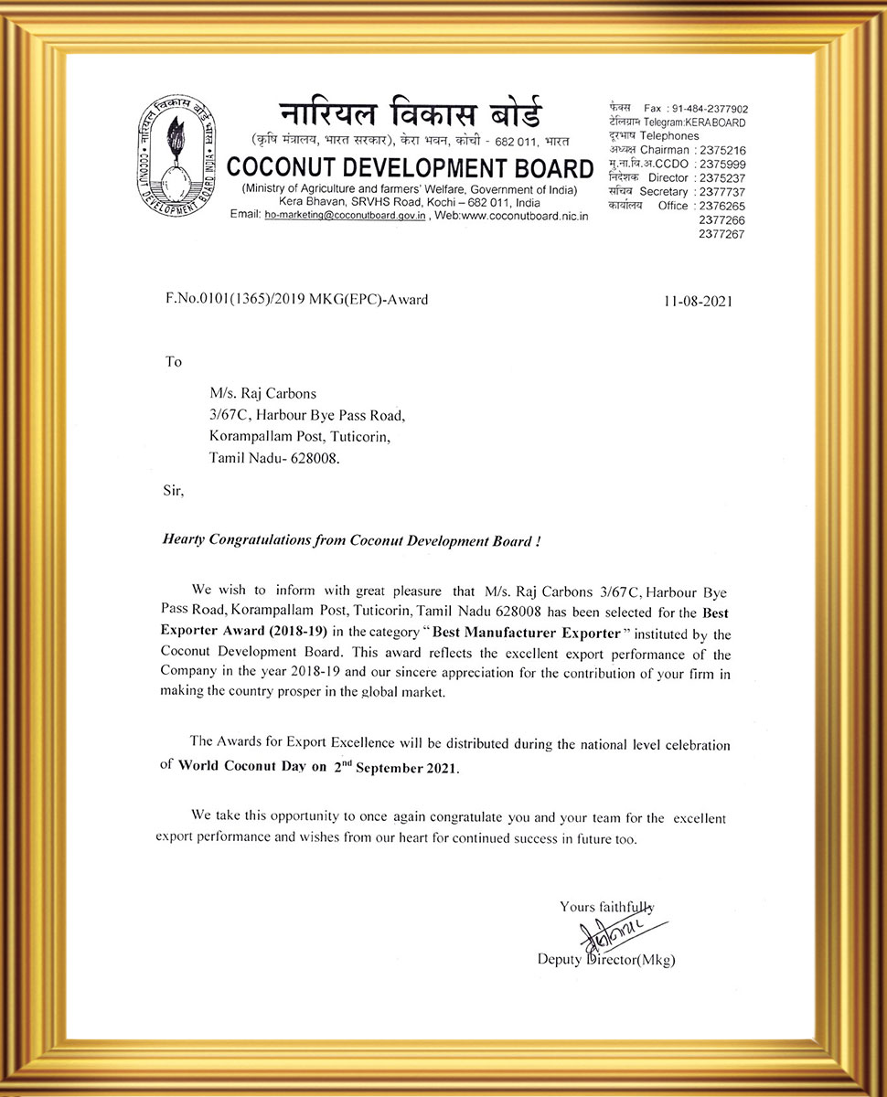 Coconut Development Board - Best Manufacturer Exporter Award Trophy to Raj Carbons